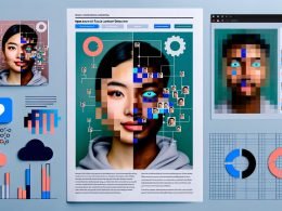 Minimalistische Magazin-Collage zu AI Face Swap: zwei diverse Gesichter morphen mit pixeligen Übergängen; geometrische Landmark‑Linien und Datenpunkte; links Laptop mit Open‑Source‑Interfaces (FaceSwap, DeepFaceLab, SimSwap, Roop); rechts Cloud‑Symbol und Google‑Colab‑Logo; im Hintergrund Metriken (ID‑Similarity, FID) und DSGVO‑Icon; kühle Blau‑/Türkis‑Töne; Headline AI Face Swap Free – Kreative Gesichter tauschen leicht gemacht.