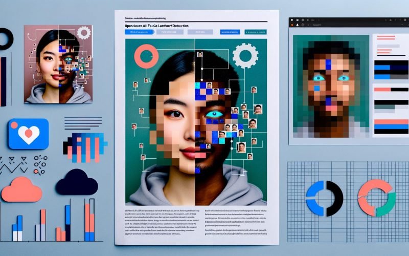 Minimalistische Magazin-Collage zu AI Face Swap: zwei diverse Gesichter morphen mit pixeligen Übergängen; geometrische Landmark‑Linien und Datenpunkte; links Laptop mit Open‑Source‑Interfaces (FaceSwap, DeepFaceLab, SimSwap, Roop); rechts Cloud‑Symbol und Google‑Colab‑Logo; im Hintergrund Metriken (ID‑Similarity, FID) und DSGVO‑Icon; kühle Blau‑/Türkis‑Töne; Headline AI Face Swap Free – Kreative Gesichter tauschen leicht gemacht.