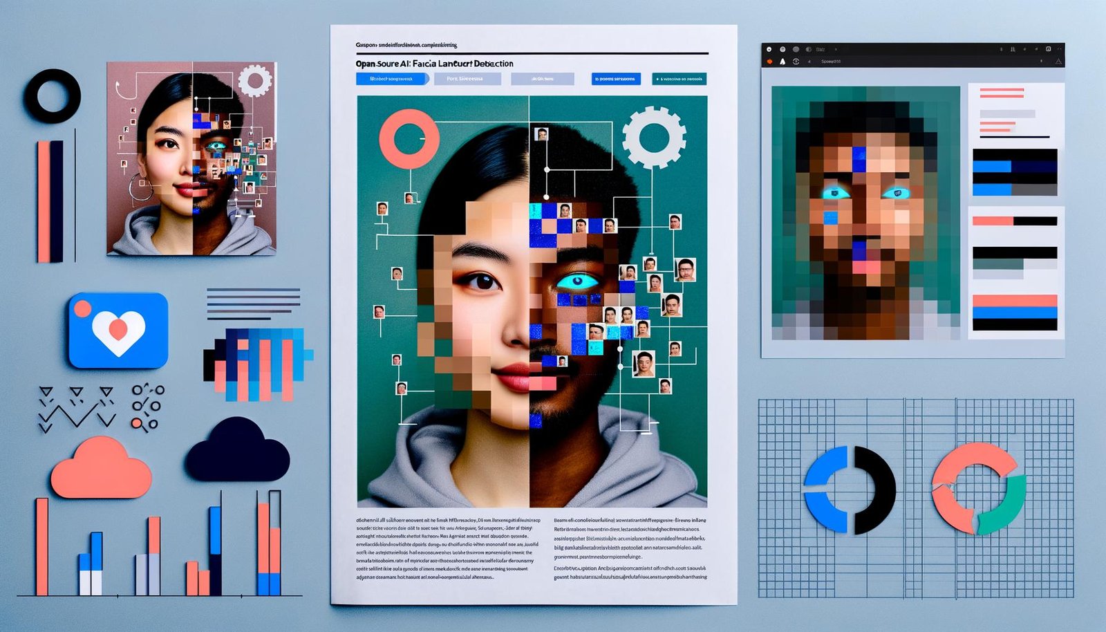 Minimalistische Magazin-Collage zu AI Face Swap: zwei diverse Gesichter morphen mit pixeligen Übergängen; geometrische Landmark‑Linien und Datenpunkte; links Laptop mit Open‑Source‑Interfaces (FaceSwap, DeepFaceLab, SimSwap, Roop); rechts Cloud‑Symbol und Google‑Colab‑Logo; im Hintergrund Metriken (ID‑Similarity, FID) und DSGVO‑Icon; kühle Blau‑/Türkis‑Töne; Headline AI Face Swap Free – Kreative Gesichter tauschen leicht gemacht.