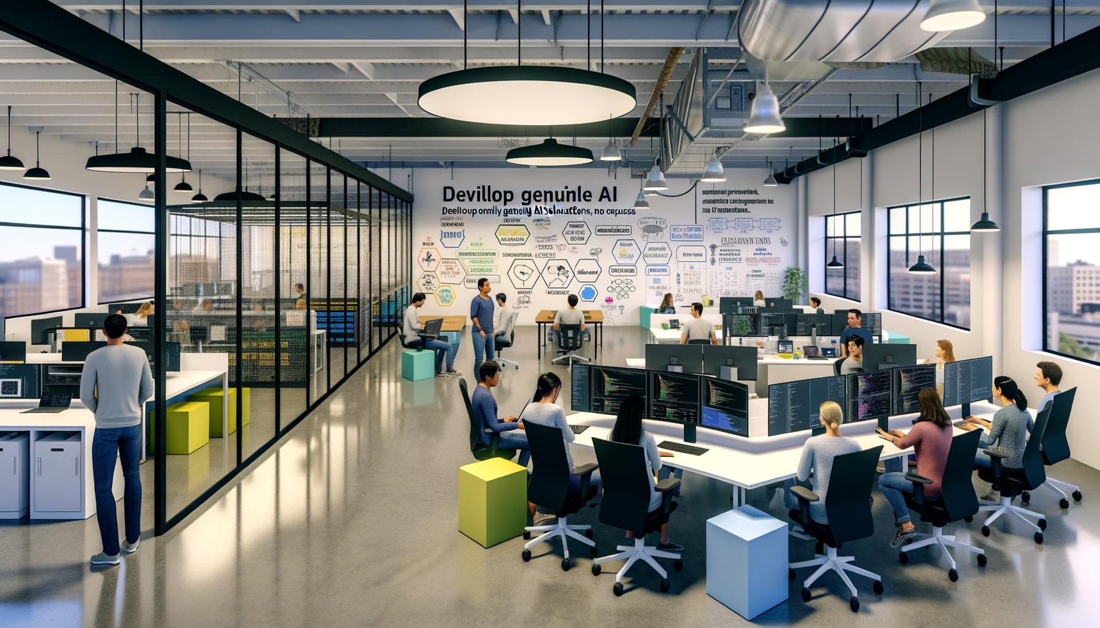Modernes, industrielles KI-Büro mit diversen Teams; Dual‑Monitore mit Code und Datenvisualisierungen, Glas-Meetingräume, sichtbare GPU‑Racks, Whiteboards mit Diagrammen; Laptops mit Kubernetes-, Ray- und MLflow‑Stickern; Dashboard mit Metriken/Compliance/Model‑Health; Wandmotto „Build Real AI. No Excuses.“