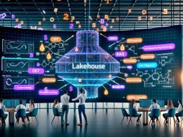 Dynamisches Digital‑Workspace mit Multi‑Monitor‑Setup: KI‑Datenpipelines aus CRM, Analytics und Social‑APIs fließen ins Lakehouse; dbt, Fivetran, BigQuery; RAG, Prompt Engineering, Quality Gates; Team vor Smartboards; SEO‑Metriken und GDPR/DSGVO‑Schilde.