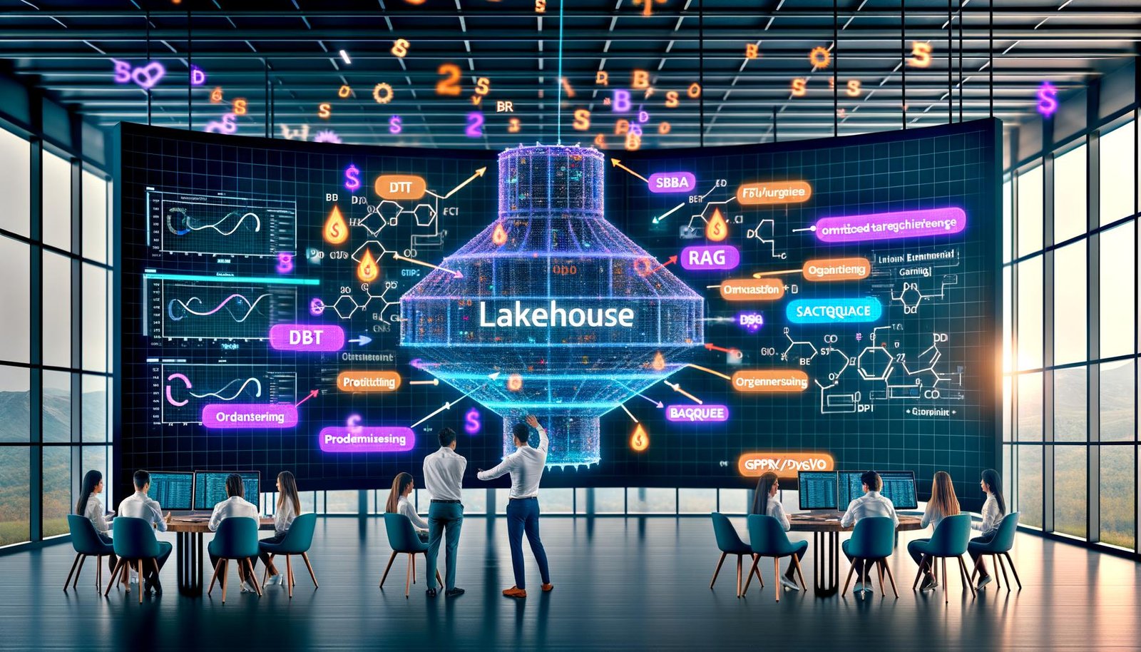 Dynamisches Digital‑Workspace mit Multi‑Monitor‑Setup: KI‑Datenpipelines aus CRM, Analytics und Social‑APIs fließen ins Lakehouse; dbt, Fivetran, BigQuery; RAG, Prompt Engineering, Quality Gates; Team vor Smartboards; SEO‑Metriken und GDPR/DSGVO‑Schilde.