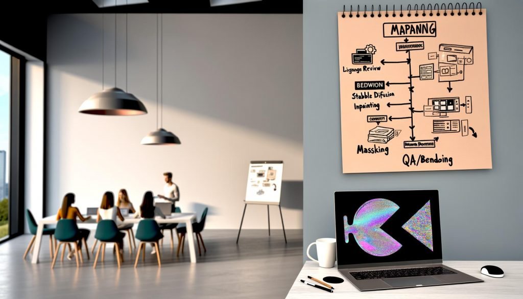 Modernes, lichtdurchflutetes Büro mit großem Schreibtisch; auf dem Laptop ist eine KI-Inpainting-Oberfläche mit Maskierungs-Werkzeugen, Ebenen und Parametern zu sehen. Daneben liegen Notizzettel mit „Lizenzprüfung“, „Masking“ und „QA/Export“ sowie ein Workflow-Diagramm. Rechts ein High-End-Grafiktablett und ein Headset. Im Hintergrund diskutiert ein junges Marketing- und Design-Team am Whiteboard über SAM, Stable Diffusion Inpainting, Poisson-Blending und Compliance; große Fenster und Pflanzen im Raum.