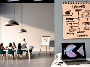 Modernes, lichtdurchflutetes Büro mit großem Schreibtisch; auf dem Laptop ist eine KI-Inpainting-Oberfläche mit Maskierungs-Werkzeugen, Ebenen und Parametern zu sehen. Daneben liegen Notizzettel mit „Lizenzprüfung“, „Masking“ und „QA/Export“ sowie ein Workflow-Diagramm. Rechts ein High-End-Grafiktablett und ein Headset. Im Hintergrund diskutiert ein junges Marketing- und Design-Team am Whiteboard über SAM, Stable Diffusion Inpainting, Poisson-Blending und Compliance; große Fenster und Pflanzen im Raum.