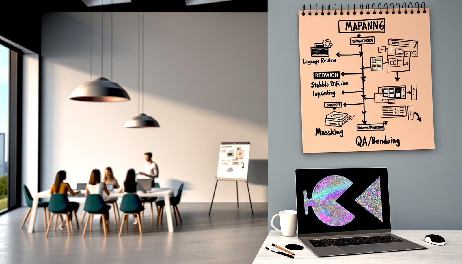Modernes, lichtdurchflutetes Büro mit großem Schreibtisch; auf dem Laptop ist eine KI-Inpainting-Oberfläche mit Maskierungs-Werkzeugen, Ebenen und Parametern zu sehen. Daneben liegen Notizzettel mit „Lizenzprüfung“, „Masking“ und „QA/Export“ sowie ein Workflow-Diagramm. Rechts ein High-End-Grafiktablett und ein Headset. Im Hintergrund diskutiert ein junges Marketing- und Design-Team am Whiteboard über SAM, Stable Diffusion Inpainting, Poisson-Blending und Compliance; große Fenster und Pflanzen im Raum.