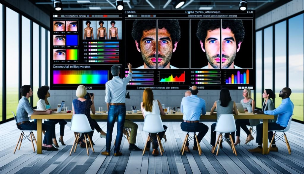 Modernes Studio mit mehreren Monitoren: links verrauschtes, unscharfes Originalfoto, rechts KI-verbessertes Bild mit mehr Schärfe, Farbe und natürlicher Haut; Overlays zeigen PSNR, SSIM, LPIPS. Kreativteam diskutiert Ergebnisse, Drucke und Hinweise auf ESRGAN, SwinIR, Diffusion.