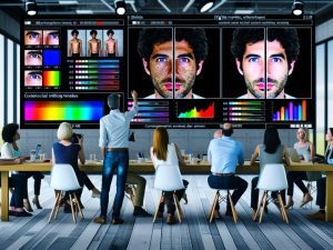 Modernes Studio mit mehreren Monitoren: links verrauschtes, unscharfes Originalfoto, rechts KI-verbessertes Bild mit mehr Schärfe, Farbe und natürlicher Haut; Overlays zeigen PSNR, SSIM, LPIPS. Kreativteam diskutiert Ergebnisse, Drucke und Hinweise auf ESRGAN, SwinIR, Diffusion.