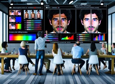 Modernes Studio mit mehreren Monitoren: links verrauschtes, unscharfes Originalfoto, rechts KI-verbessertes Bild mit mehr Schärfe, Farbe und natürlicher Haut; Overlays zeigen PSNR, SSIM, LPIPS. Kreativteam diskutiert Ergebnisse, Drucke und Hinweise auf ESRGAN, SwinIR, Diffusion.