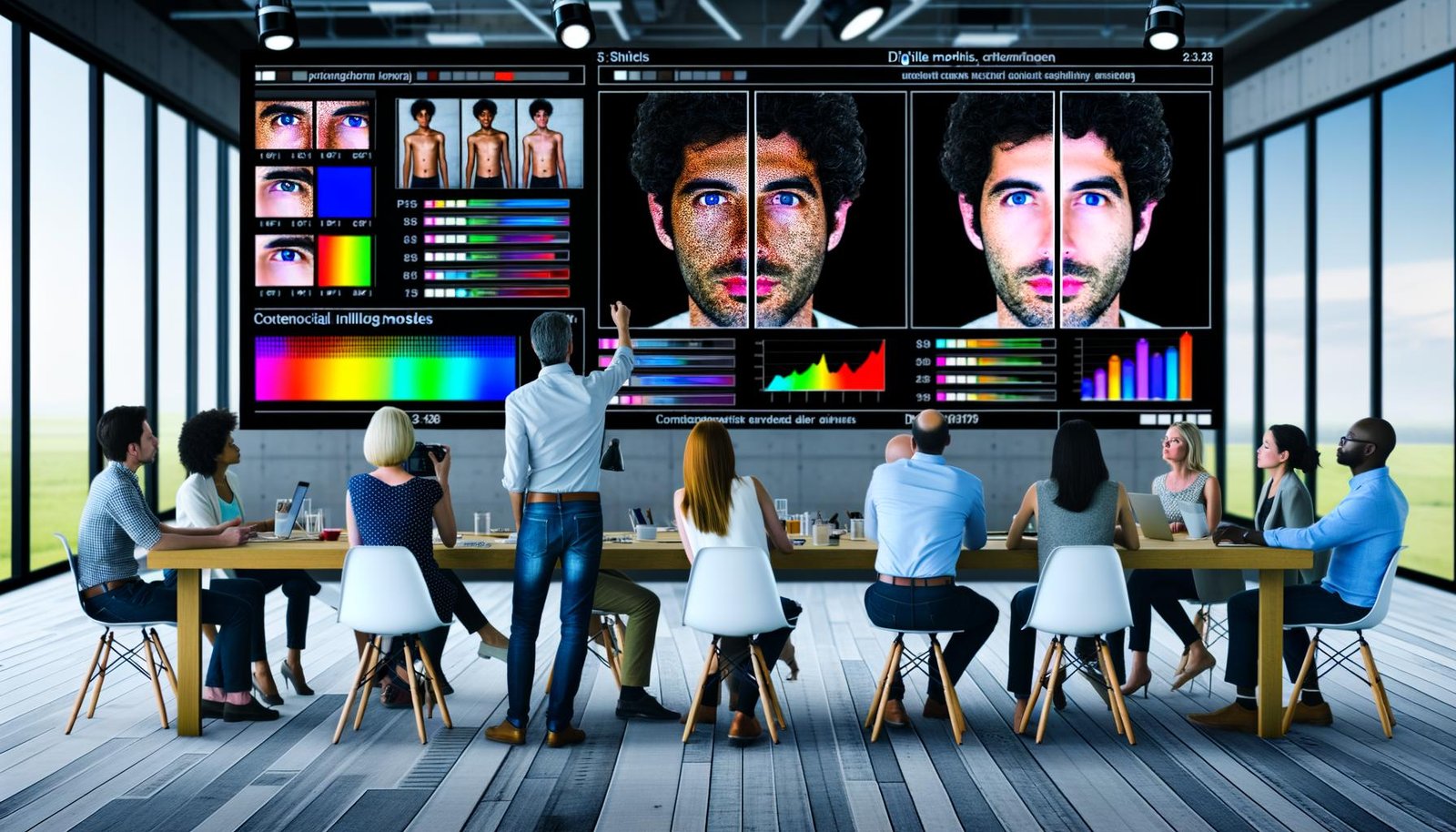 Modernes Studio mit mehreren Monitoren: links verrauschtes, unscharfes Originalfoto, rechts KI-verbessertes Bild mit mehr Schärfe, Farbe und natürlicher Haut; Overlays zeigen PSNR, SSIM, LPIPS. Kreativteam diskutiert Ergebnisse, Drucke und Hinweise auf ESRGAN, SwinIR, Diffusion.