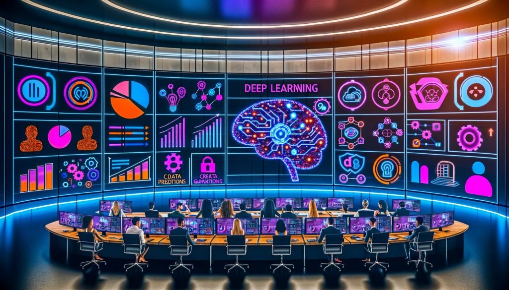 Futuristisches Marketing-Command Center: Team arbeitet vor großen Displays; zentrales Neon-Gehirn visualisiert Deep Learning; Live-Prognosen, Ad-Varianten, Personalisierungsflüsse, Compliance-Checklisten, DSGVO-Symbole, Warnzeichen und Budgetgrafiken; 90‑Tage‑Roadmap im Vordergrund.
