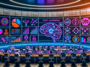 Futuristisches Marketing-Command Center: Team arbeitet vor großen Displays; zentrales Neon-Gehirn visualisiert Deep Learning; Live-Prognosen, Ad-Varianten, Personalisierungsflüsse, Compliance-Checklisten, DSGVO-Symbole, Warnzeichen und Budgetgrafiken; 90‑Tage‑Roadmap im Vordergrund.