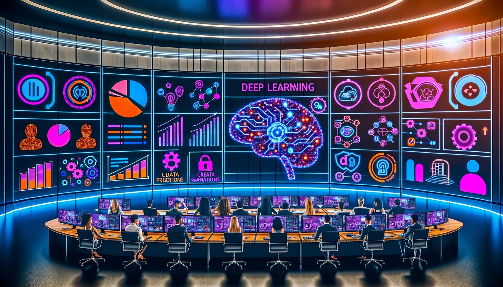 Futuristisches Marketing-Command Center: Team arbeitet vor großen Displays; zentrales Neon-Gehirn visualisiert Deep Learning; Live-Prognosen, Ad-Varianten, Personalisierungsflüsse, Compliance-Checklisten, DSGVO-Symbole, Warnzeichen und Budgetgrafiken; 90‑Tage‑Roadmap im Vordergrund.