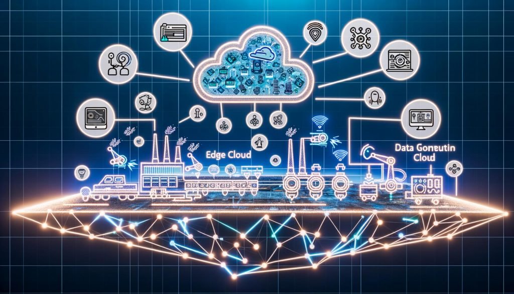 Dynamische Darstellung eines Edge-AI-Ökosystems: Fabrikboden mit Kameras an Fertigungslinien, Smart-Gateway, Roboterantrieb und Dashboards; daneben Smartphone- und Auto-Icons mit Sensoren; leuchtende Linien bilden eine lokale Edge-Cloud, NPU/GPU/Chip-Symbole über den Geräten; ferne Cloud per Glasfaser verbunden; Icons für Echtzeit-Inferenz, Datenschutz und niedrige Latenz.