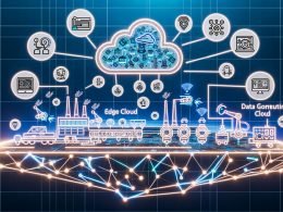 Dynamische Darstellung eines Edge-AI-Ökosystems: Fabrikboden mit Kameras an Fertigungslinien, Smart-Gateway, Roboterantrieb und Dashboards; daneben Smartphone- und Auto-Icons mit Sensoren; leuchtende Linien bilden eine lokale Edge-Cloud, NPU/GPU/Chip-Symbole über den Geräten; ferne Cloud per Glasfaser verbunden; Icons für Echtzeit-Inferenz, Datenschutz und niedrige Latenz.