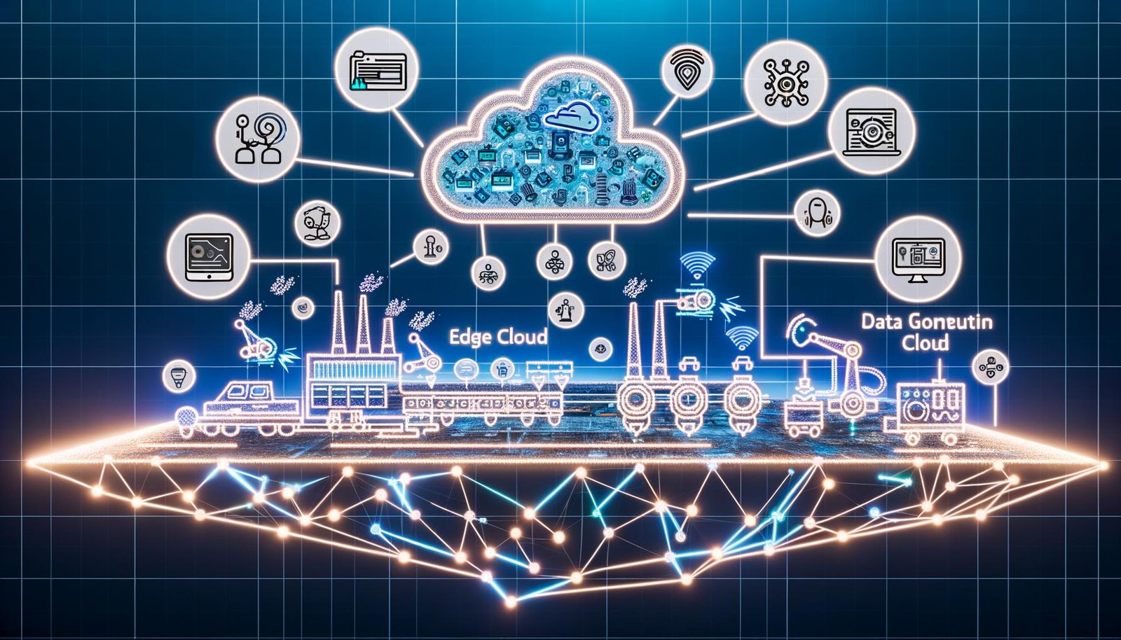 Dynamische Darstellung eines Edge-AI-Ökosystems: Fabrikboden mit Kameras an Fertigungslinien, Smart-Gateway, Roboterantrieb und Dashboards; daneben Smartphone- und Auto-Icons mit Sensoren; leuchtende Linien bilden eine lokale Edge-Cloud, NPU/GPU/Chip-Symbole über den Geräten; ferne Cloud per Glasfaser verbunden; Icons für Echtzeit-Inferenz, Datenschutz und niedrige Latenz.