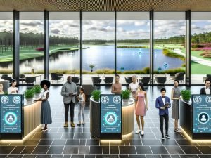 Moderne, sonnendurchflutete Hotel-Lobby am Gardasee mit Smart-Kiosken für den Check-in, digitaler Beschilderung mit KI-Tipps und Gästen, die über Screens und Smartphones mit einem Chatbot interagieren; Concierge arbeitet mit KI auf Tablets; große Fenster mit Blick auf Gärten und den See; dezente Sensoren, digitale Zimmerschlüssel und Dashboards.