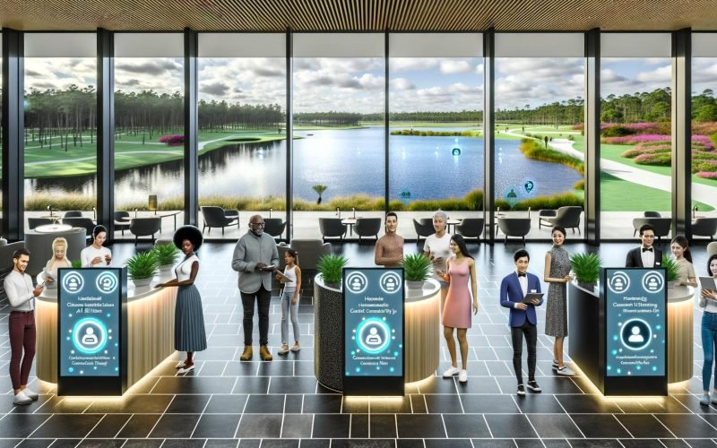 Moderne, sonnendurchflutete Hotel-Lobby am Gardasee mit Smart-Kiosken für den Check-in, digitaler Beschilderung mit KI-Tipps und Gästen, die über Screens und Smartphones mit einem Chatbot interagieren; Concierge arbeitet mit KI auf Tablets; große Fenster mit Blick auf Gärten und den See; dezente Sensoren, digitale Zimmerschlüssel und Dashboards.