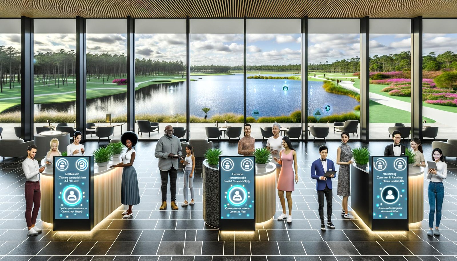 Moderne, sonnendurchflutete Hotel-Lobby am Gardasee mit Smart-Kiosken für den Check-in, digitaler Beschilderung mit KI-Tipps und Gästen, die über Screens und Smartphones mit einem Chatbot interagieren; Concierge arbeitet mit KI auf Tablets; große Fenster mit Blick auf Gärten und den See; dezente Sensoren, digitale Zimmerschlüssel und Dashboards.