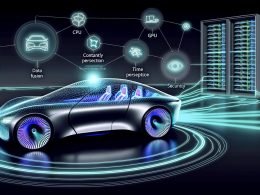 Vernetztes Konzeptauto mit Lidar, Kameras und Sensoren, umgeben von Datenströmen und CPU/GPU/Cloud-Icons; holografische Anzeigen im Cockpit.