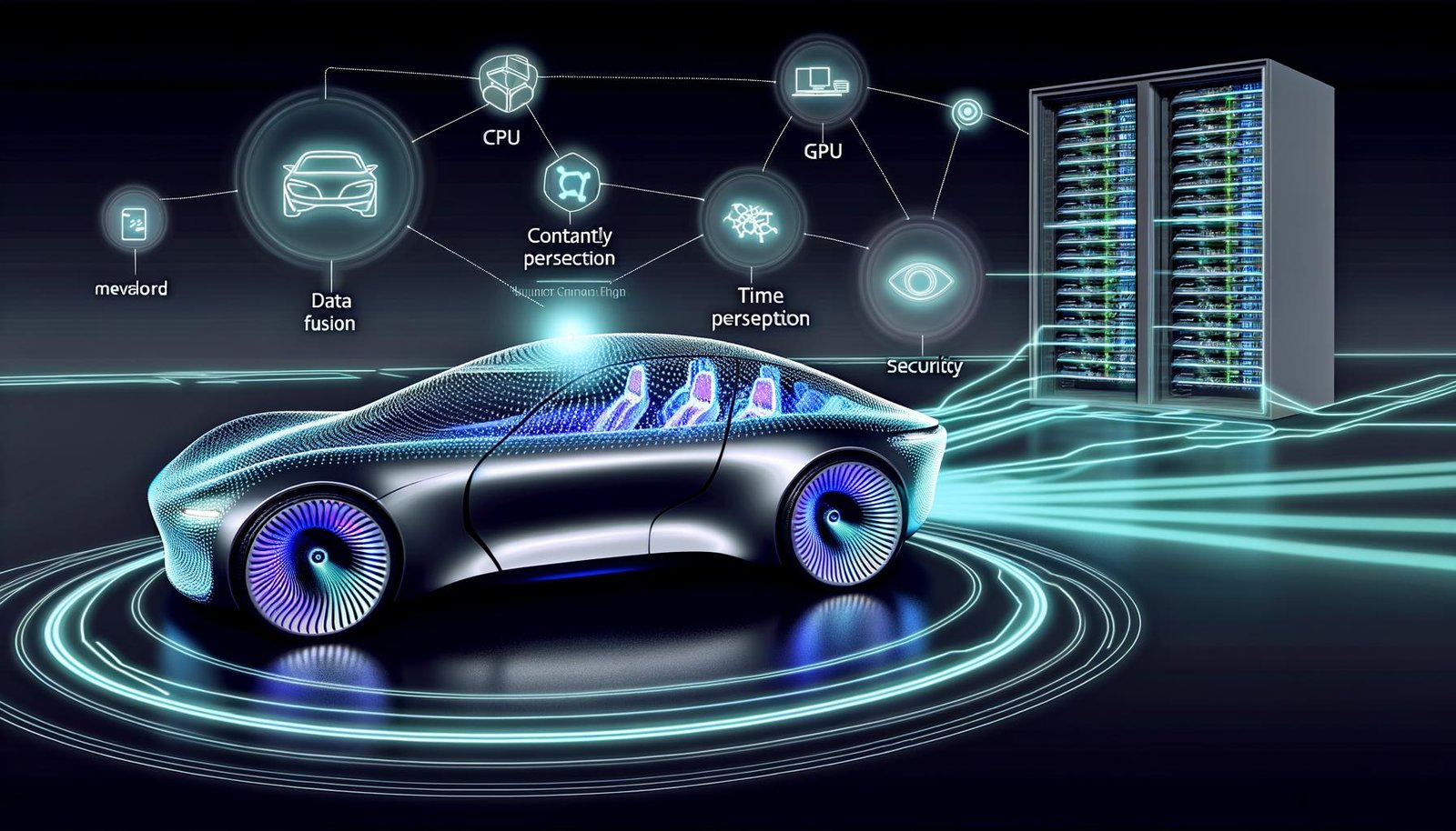 Vernetztes Konzeptauto mit Lidar, Kameras und Sensoren, umgeben von Datenströmen und CPU/GPU/Cloud-Icons; holografische Anzeigen im Cockpit.