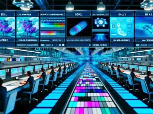 Futuristische Produktionshalle in kühlem Blau/Silber mit Workstations und Hologrammen von SDXL, DALL·E 3 und Midjourney; Roboterarme befördern pixelgenaue Marketingmotive auf Förderbändern, während Menschen und KI-gesteuerte Hände Logos und Farbswatches applizieren; Dashboards zeigen Performance-Metriken, AVIF/WebP-Formate und Rechts-Compliance.