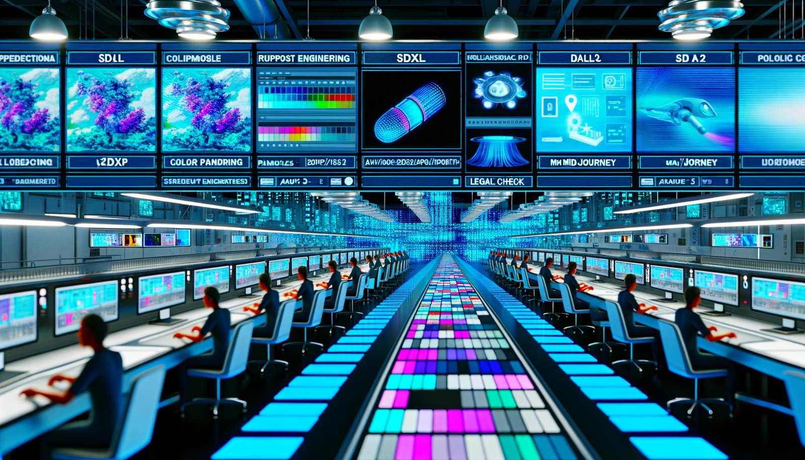 Futuristische Produktionshalle in kühlem Blau/Silber mit Workstations und Hologrammen von SDXL, DALL·E 3 und Midjourney; Roboterarme befördern pixelgenaue Marketingmotive auf Förderbändern, während Menschen und KI-gesteuerte Hände Logos und Farbswatches applizieren; Dashboards zeigen Performance-Metriken, AVIF/WebP-Formate und Rechts-Compliance.