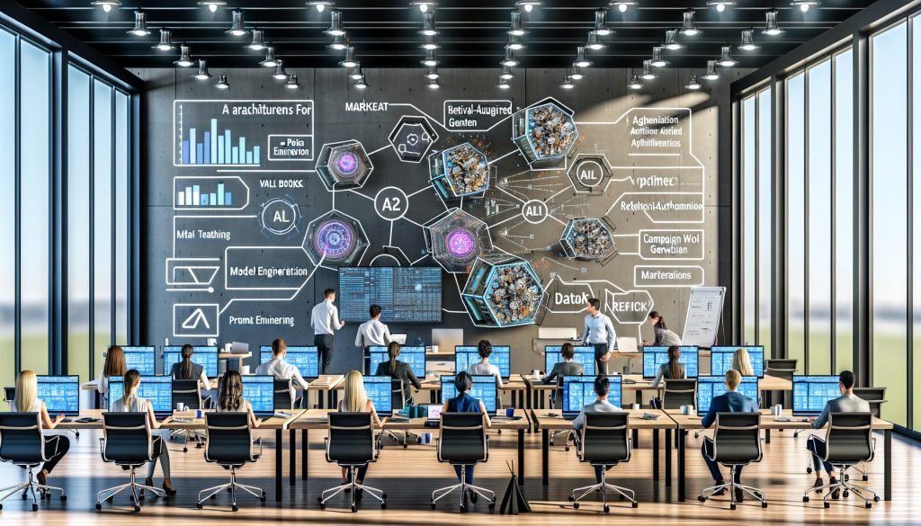 Marketingteams im modernen AI-Kurs mit Laptops, KPI-Dashboards, LLM-Architektur, RAG-Flowcharts und Prompt-Engineering.