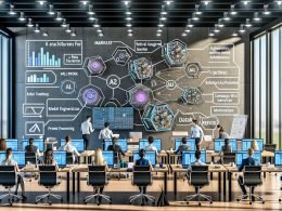 Marketingteams im modernen AI-Kurs mit Laptops, KPI-Dashboards, LLM-Architektur, RAG-Flowcharts und Prompt-Engineering.