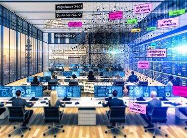 Moderner Newsroom mit Ingenieur:innen und Journalist:innen; eine transparente UI legt eine Heatmap über einen deutschen Text und zeigt Perplexität, Burstiness, N‑Gramm‑Häufigkeiten und Stylometrie. Linien zu GLTR und DetectGPT; satzweise Risiko‑Highlighting von grün bis rot; im Hintergrund Serverraum und DSGVO‑Compliance‑Besprechung.
