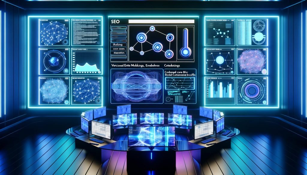 Futuristisches, blau akzentuiertes Kontrollzentrum mit eleganten Monitoren und holografischen SEO-Daten: Knowledge Graphs, Embeddings, Pipeline-Flows, automatisierte Workflows und versionierte Content-Briefs; UI mit Sider AI und 404 Magazine.