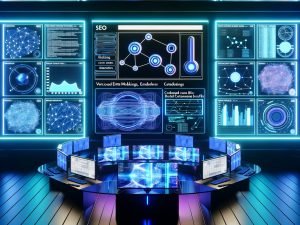 Futuristisches, blau akzentuiertes Kontrollzentrum mit eleganten Monitoren und holografischen SEO-Daten: Knowledge Graphs, Embeddings, Pipeline-Flows, automatisierte Workflows und versionierte Content-Briefs; UI mit Sider AI und 404 Magazine.