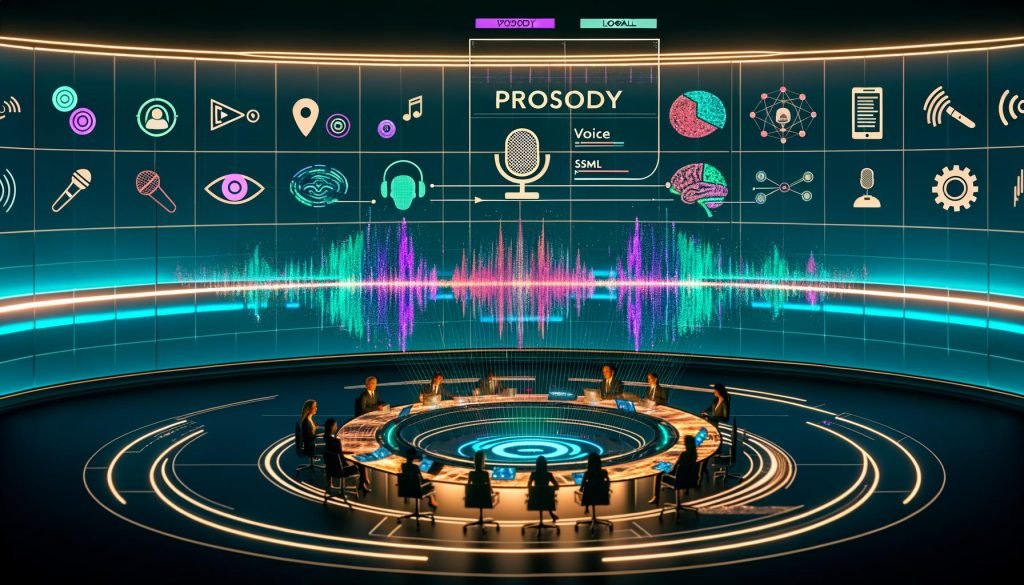 Futuristischer Workspace mit diverser Marketing-Crew vor leuchtenden Bildschirmen voller Audiowellenformen, neuronalen Netzdiagrammen und Markenlogos; zentrales Interface eines Voice‑AI‑Generators mit Optionen für Prosodie, Voice Cloning und SSML; Hologramme zeigen Markenstimmen, regionale Akzente und emotionale Presets; Daten‑Dashboards, Sicherheits‑ und Compliance‑Symbole; schwebendes Robo‑Mikrofon neben klassischem Studiomikrofon.