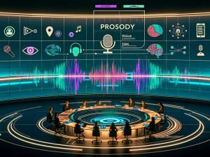 Futuristischer Workspace mit diverser Marketing-Crew vor leuchtenden Bildschirmen voller Audiowellenformen, neuronalen Netzdiagrammen und Markenlogos; zentrales Interface eines Voice‑AI‑Generators mit Optionen für Prosodie, Voice Cloning und SSML; Hologramme zeigen Markenstimmen, regionale Akzente und emotionale Presets; Daten‑Dashboards, Sicherheits‑ und Compliance‑Symbole; schwebendes Robo‑Mikrofon neben klassischem Studiomikrofon.