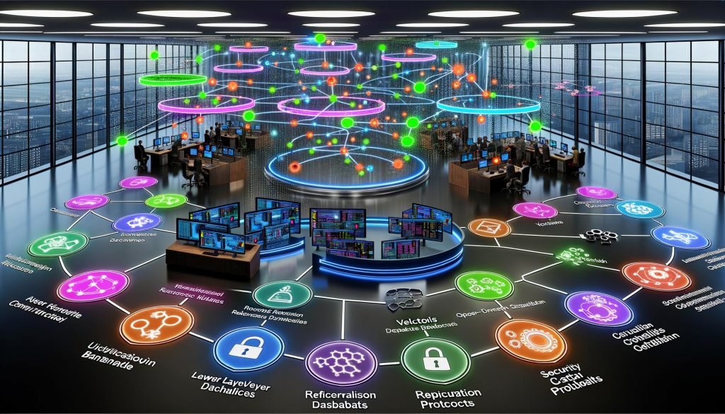 Futuristisches Forschungslabor mit Wissenschaftlerinnen und Ingenieuren an transparenten Displays; visualisierter KI‑Tech‑Stack mit LLMs, Vektordatenbanken, Wissensgraphen, Retrieval, Evaluations‑Dashboards und Governance; Datenströme aus Open‑Access‑Papieren mit DOI‑Tags sowie Monitore mit Metriken, Audit‑Trails, Checklisten und Sicherheitssymbolen.