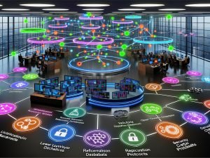 Futuristisches Forschungslabor mit Wissenschaftlerinnen und Ingenieuren an transparenten Displays; visualisierter KI‑Tech‑Stack mit LLMs, Vektordatenbanken, Wissensgraphen, Retrieval, Evaluations‑Dashboards und Governance; Datenströme aus Open‑Access‑Papieren mit DOI‑Tags sowie Monitore mit Metriken, Audit‑Trails, Checklisten und Sicherheitssymbolen.