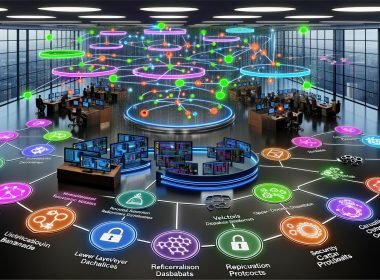 Futuristisches Forschungslabor mit Wissenschaftlerinnen und Ingenieuren an transparenten Displays; visualisierter KI‑Tech‑Stack mit LLMs, Vektordatenbanken, Wissensgraphen, Retrieval, Evaluations‑Dashboards und Governance; Datenströme aus Open‑Access‑Papieren mit DOI‑Tags sowie Monitore mit Metriken, Audit‑Trails, Checklisten und Sicherheitssymbolen.