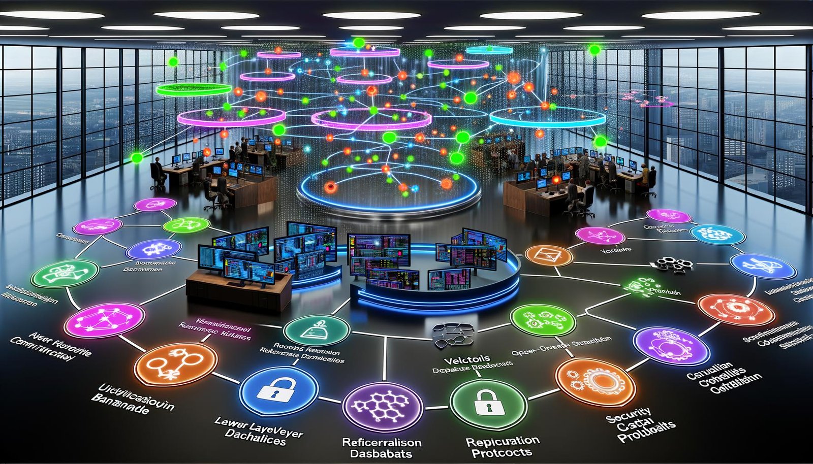Futuristisches Forschungslabor mit Wissenschaftlerinnen und Ingenieuren an transparenten Displays; visualisierter KI‑Tech‑Stack mit LLMs, Vektordatenbanken, Wissensgraphen, Retrieval, Evaluations‑Dashboards und Governance; Datenströme aus Open‑Access‑Papieren mit DOI‑Tags sowie Monitore mit Metriken, Audit‑Trails, Checklisten und Sicherheitssymbolen.