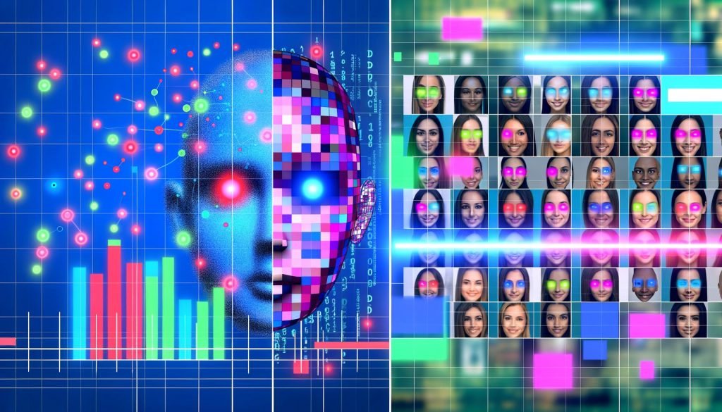Abstraktes Computer-Vision-Dashboard mit bunten Datenpunkten, Heatmaps, Score-Balken und Codefragmenten links; rechts klassische Werbetafel mit Gesichtern in Kacheln und schwebenden Bewertungen, getrennt durch einen leuchtenden Schutzzaun mit „Responsibility“. Im Hintergrund markierte Social-Media-, E‑Commerce- und Video-Thumbnails in kühlen Blautönen mit Akzenten in Pink und Neon-Grün.
