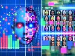 Abstraktes Computer-Vision-Dashboard mit bunten Datenpunkten, Heatmaps, Score-Balken und Codefragmenten links; rechts klassische Werbetafel mit Gesichtern in Kacheln und schwebenden Bewertungen, getrennt durch einen leuchtenden Schutzzaun mit „Responsibility“. Im Hintergrund markierte Social-Media-, E‑Commerce- und Video-Thumbnails in kühlen Blautönen mit Akzenten in Pink und Neon-Grün.