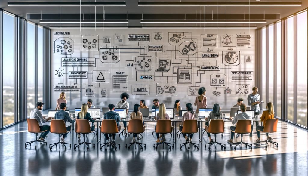 Diverses Marketing-Team in modernem Büro bei KI-Kursen (Prompt Engineering, RAG, MLOps) mit AR-Overlays zu LangChain, LlamaIndex, BigQuery und CRM sowie KPI/ROI-Dashboards und DSGVO/EU-AI-Act-Notizen.