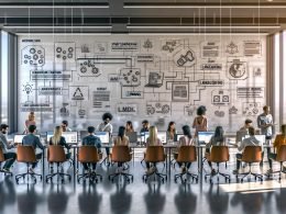 Diverses Marketing-Team in modernem Büro bei KI-Kursen (Prompt Engineering, RAG, MLOps) mit AR-Overlays zu LangChain, LlamaIndex, BigQuery und CRM sowie KPI/ROI-Dashboards und DSGVO/EU-AI-Act-Notizen.