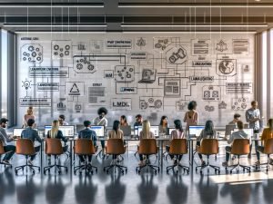 Diverses Marketing-Team in modernem Büro bei KI-Kursen (Prompt Engineering, RAG, MLOps) mit AR-Overlays zu LangChain, LlamaIndex, BigQuery und CRM sowie KPI/ROI-Dashboards und DSGVO/EU-AI-Act-Notizen.