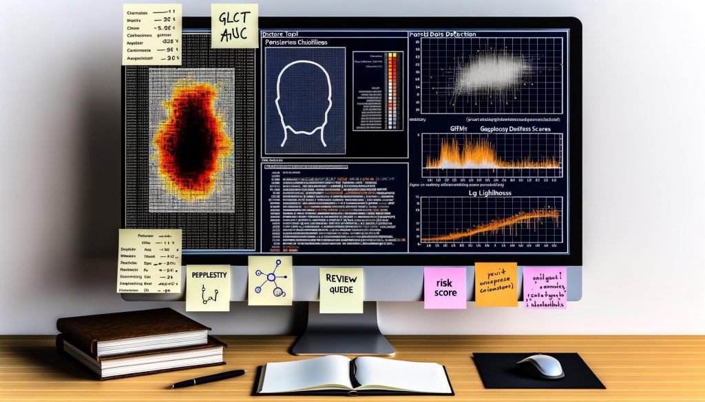 Digitale Illustration eines forensischen Workspaces zur KI-Textdetektion mit GLTR-Heatmap, Perplexität/Burstiness, Signalen aus Stylometrie, Log-Likelihood und Metadaten sowie Tools GPTZero, ZeroGPT und Sapling; Creator und Reviewer im geteilten Hintergrund.