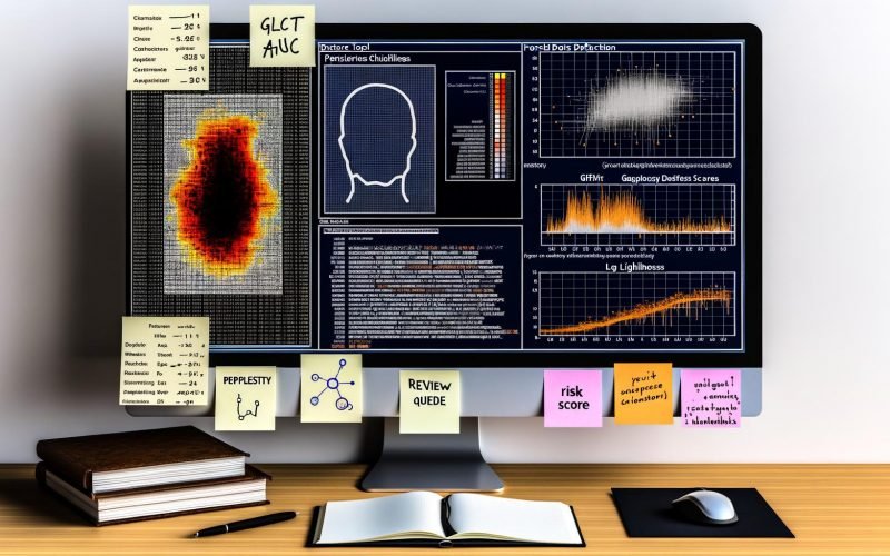 Digitale Illustration eines forensischen Workspaces zur KI-Textdetektion mit GLTR-Heatmap, Perplexität/Burstiness, Signalen aus Stylometrie, Log-Likelihood und Metadaten sowie Tools GPTZero, ZeroGPT und Sapling; Creator und Reviewer im geteilten Hintergrund.