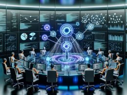 Hochtechnischer Kontrollraum mit holografischen SEO-Dashboards und KI, die Logfiles, SERP-Daten, Backlink-Netzwerke und Entitäten vereint; Expert:innen analysieren umsetzbare Roadmaps.