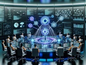 Hochtechnischer Kontrollraum mit holografischen SEO-Dashboards und KI, die Logfiles, SERP-Daten, Backlink-Netzwerke und Entitäten vereint; Expert:innen analysieren umsetzbare Roadmaps.