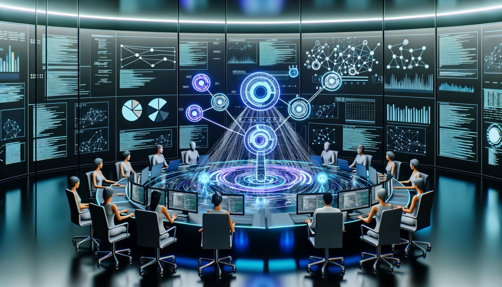 Hochtechnischer Kontrollraum mit holografischen SEO-Dashboards und KI, die Logfiles, SERP-Daten, Backlink-Netzwerke und Entitäten vereint; Expert:innen analysieren umsetzbare Roadmaps.