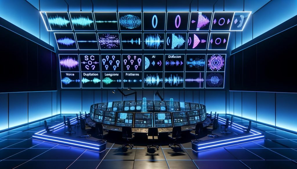 Futuristisches Audio-Produktionsstudio in blauem Neonlicht mit Monitoren für Waveforms, Voice-Models und Live-Metriken; holografische Icons für TTS, Stimmklonen und Diffusionsmodelle; wandfüllender, verzweigter Workflow mit SSML-Tags und Glossar; abstrakte Avatare für mehrsprachige, hyperpersonalisierte Markenstimmen; Smart Speaker und Auto-Display mit animierten Schallwellen; Overlays zu Datenschutz, Compliance und Ethik.