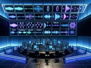 Futuristisches Audio-Produktionsstudio in blauem Neonlicht mit Monitoren für Waveforms, Voice-Models und Live-Metriken; holografische Icons für TTS, Stimmklonen und Diffusionsmodelle; wandfüllender, verzweigter Workflow mit SSML-Tags und Glossar; abstrakte Avatare für mehrsprachige, hyperpersonalisierte Markenstimmen; Smart Speaker und Auto-Display mit animierten Schallwellen; Overlays zu Datenschutz, Compliance und Ethik.