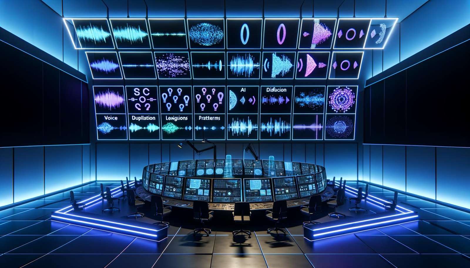 Futuristisches Audio-Produktionsstudio in blauem Neonlicht mit Monitoren für Waveforms, Voice-Models und Live-Metriken; holografische Icons für TTS, Stimmklonen und Diffusionsmodelle; wandfüllender, verzweigter Workflow mit SSML-Tags und Glossar; abstrakte Avatare für mehrsprachige, hyperpersonalisierte Markenstimmen; Smart Speaker und Auto-Display mit animierten Schallwellen; Overlays zu Datenschutz, Compliance und Ethik.